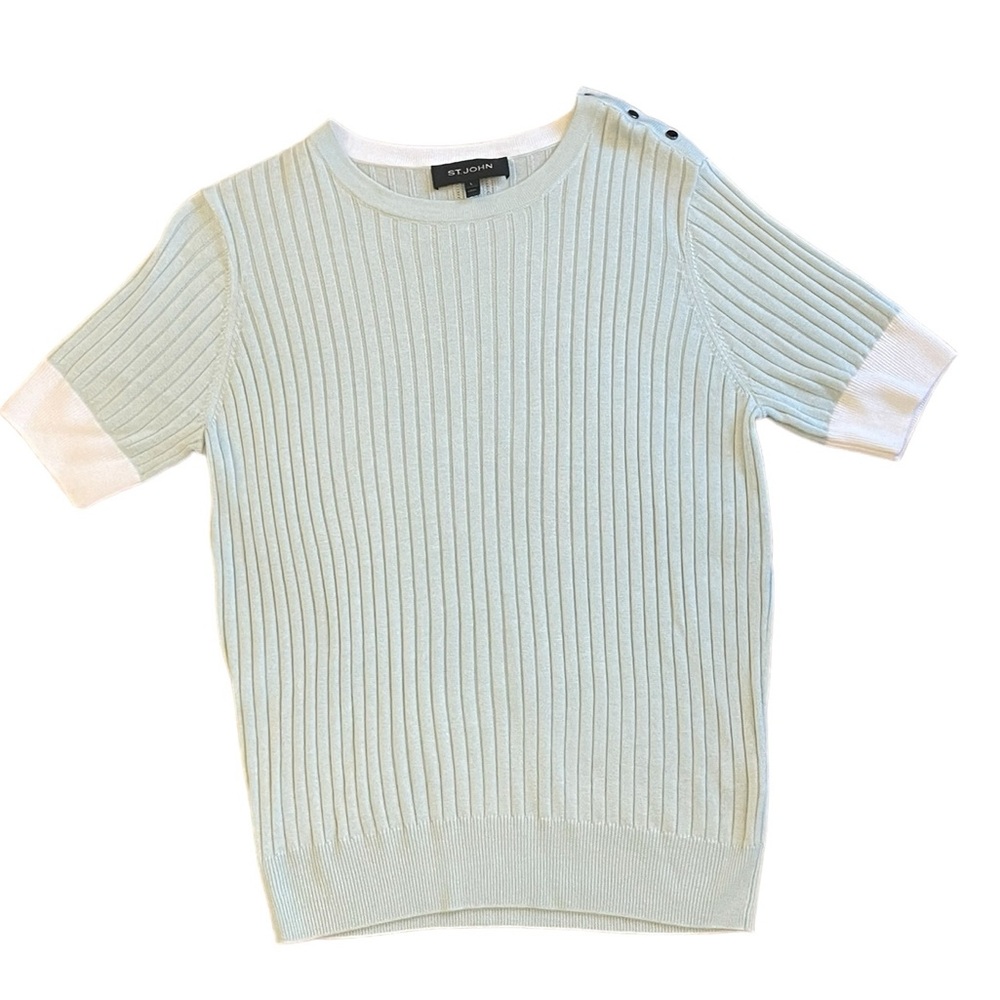 ST. JOHN Ribbed Short Sleeve Summer Crewneck Sweater